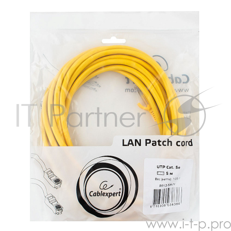 Патч-корд UTP Cablexpert PP12-5M/Y кат.5e, 5м, литой, многожильный (жёлтый)