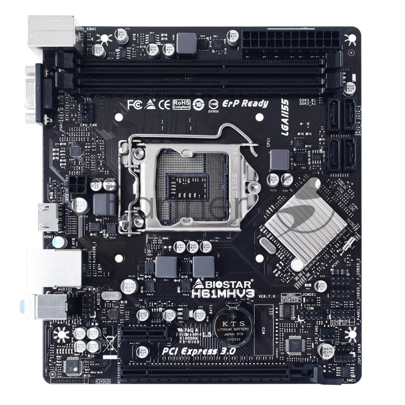 Материнская плата Biostar H61MHV3, Socket 1155, Intel H61, 2xDDR3-1600, D-SUB+HDMI, 1xPCI-Ex16, 1xPCI-Ex1, 4xSATA2, 6 Ch Audio, GLan, (4+4)xUSB2.0, 1xPS/2, mATX, RTL