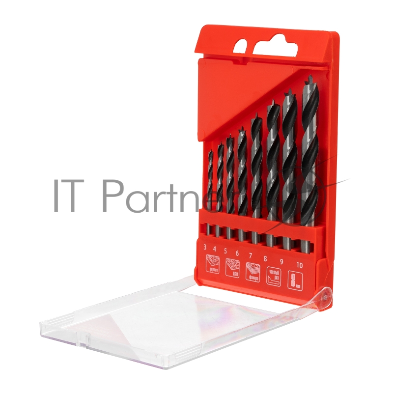 Набор сверл MATRIX по дереву,3-4-5-6-7-8-9-10 мм 8шт цилиндр, хвостовик, пластиковый кейс 70282