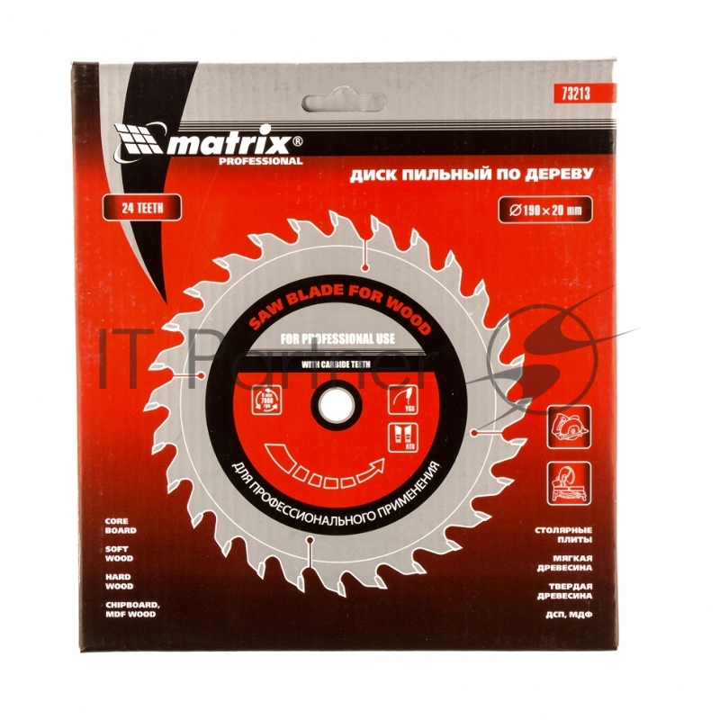 Пильный диск MATRIX по дереву, 190x20мм, 24 зуба + кольцо 16/20// Professional 73213