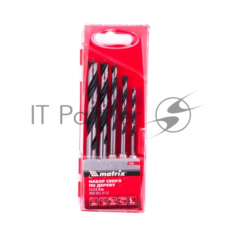 Набор сверл MATRIX по дереву, 4-5-6-8-10 мм 5шт шестигран, хвостовик, пластиковый 70283