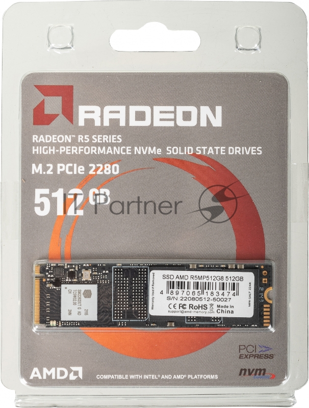 Твердотельный накопитель SSD M.2 2280 512GB AMD Radeon R5 Client SSD R5MP512G8 PCIe Gen3x4 with NVMe, 3D TLC, RTL (183474)
