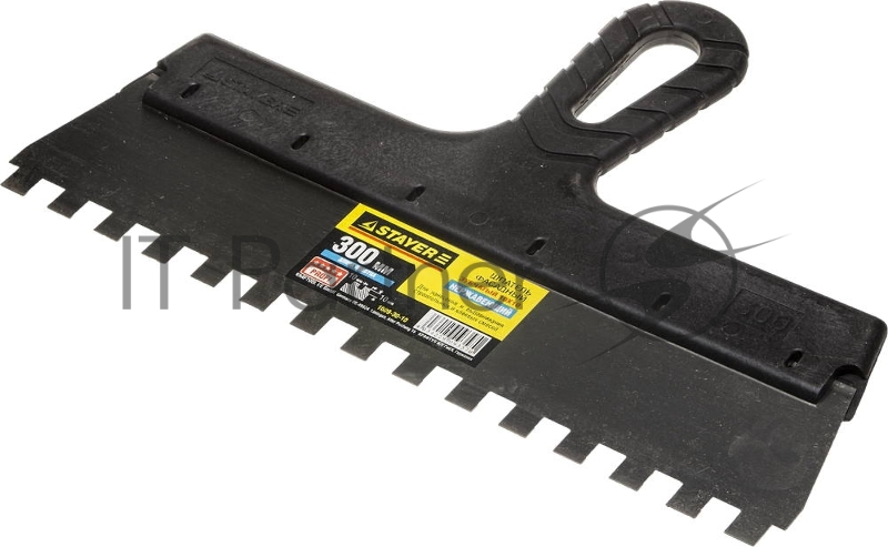 Шпатель STAYER PROFESSIONAL нержавеющий зубчатый с пластмассовой ручкой, 300мм, зуб 10х10мм