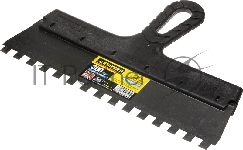 Шпатель STAYER PROFESSIONAL нержавеющий зубчатый с пластмассовой ручкой, 300мм, зуб 10х10мм