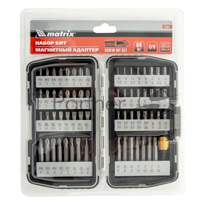 MATRIX Набор бит,магнитный адаптер,CrV,в плат.боксе,64шт// 11327