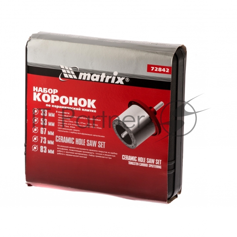 Набор коронок MATRIX по керамич. плитке, 33-53-67-73-83 мм + напил., в пласт.боксе, 6-гран.хвост.// 72842