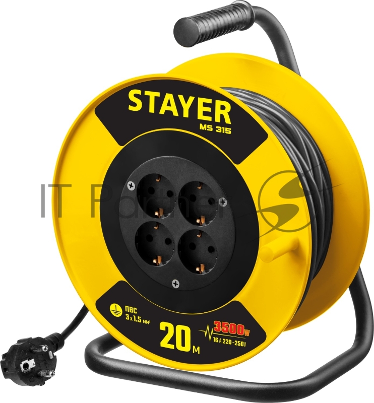 Удлинитель на катушке MS 315, 20 м, 3500 Вт, заземление, 4 гнезда, ПВС 3x1,5 кв мм, STAYER