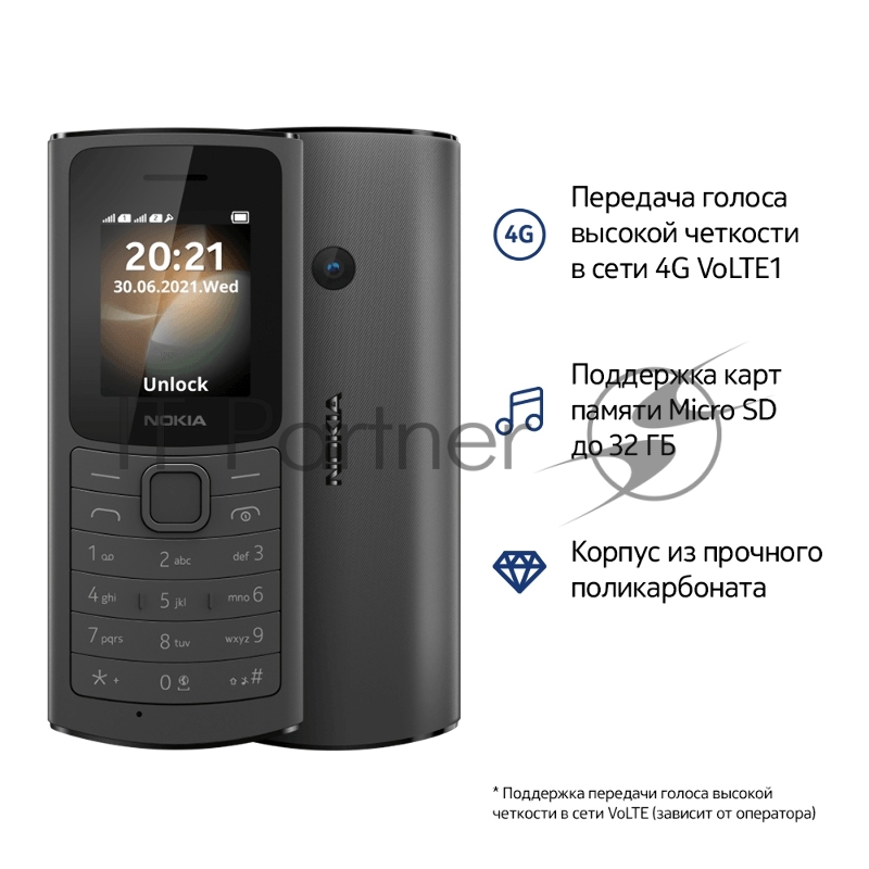 Телефон сотовый Nokia 110 DS TA-1386 4G BLACK, 1.8, 1 Core, 128MB + 48MB (ROM/RAM), 2 Sim, LTE + GSM/GPRS/WCDMA, Micro-USB, 1020mAh, 104,7g, 121x50x14,5