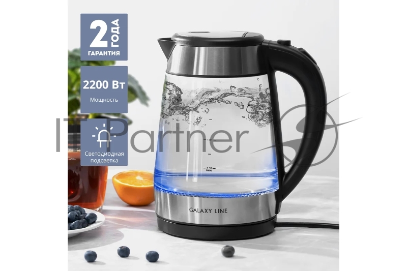 Чайник электрический Galaxy LINE GL0558, стекло/черный, 2200 Вт, 1.7 л