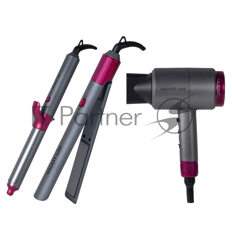 Набор для укладки волос Galaxy LINE GL4722, серый металлик/фуксия (Фен GL4722/1, Щипцы GL4722/2, Плойка GL4722/3)