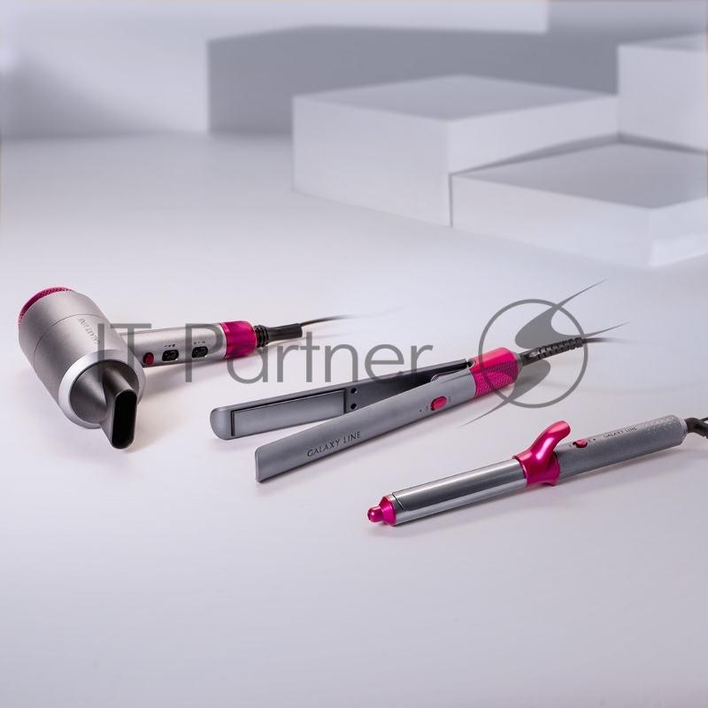 Набор для укладки волос Galaxy LINE GL4722, серый металлик/фуксия (Фен GL4722/1, Щипцы GL4722/2, Плойка GL4722/3)
