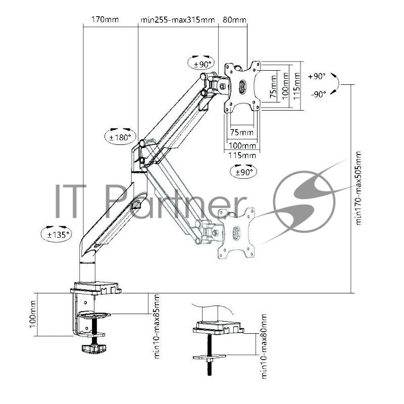 Кронштейн для мониторов Ultramounts UM708 серебристый 17-32 макс.9кг крепление к столешнице поворот и наклон