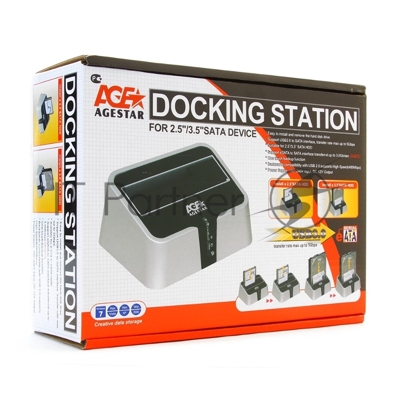 USB 3.0 Докстанция 2,5/3,5 SATA HDD AgeStar 3UBT2-6G (BLACK) USB3.0, пластик, BackUp, черный.