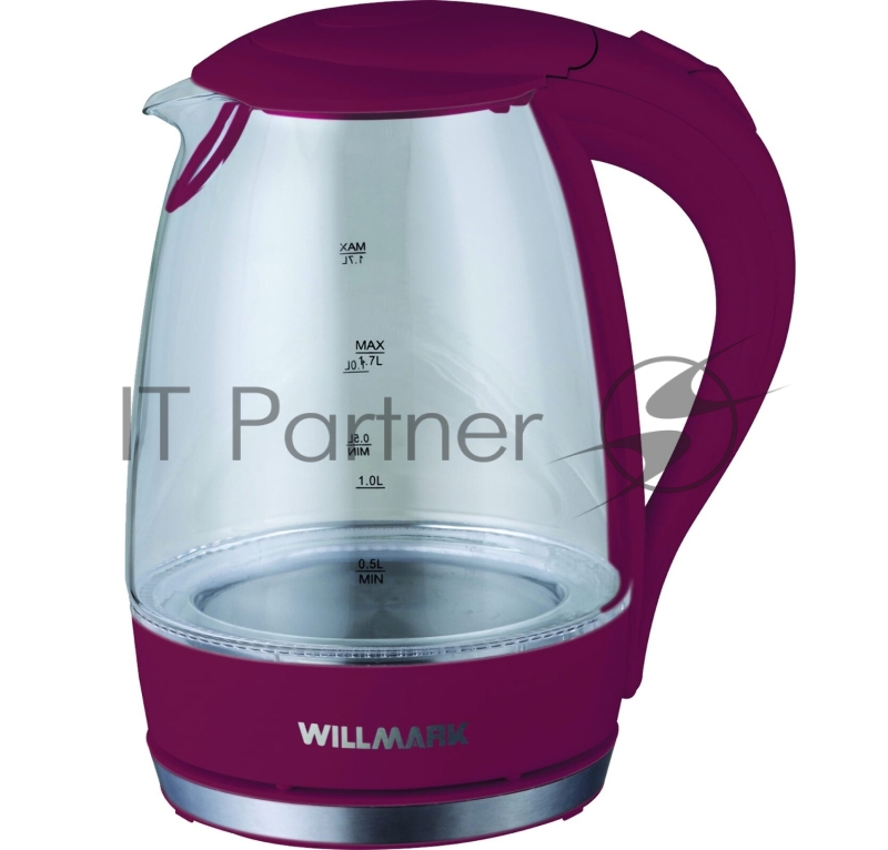 Чайник электрический WILLMARK WEK-1708G (1.7л, 360 град., LED-подсв., стекло, 2200Вт)Бордовый