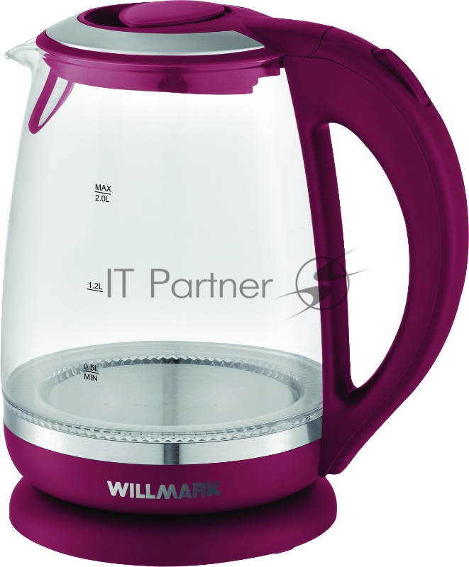 Чайник электрический WILLMARK WEK-2005G (2.0л, 360 град., LED-подсв.,стекло, 2200Вт)Бордовый
