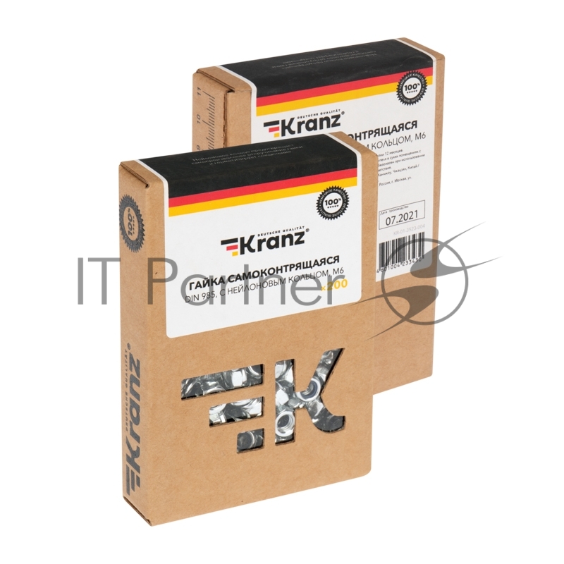 Гайка самоконтрящаяся KRANZ DIN 985, с нейлоновым кольцом, M6, короб (200 шт./уп.)
