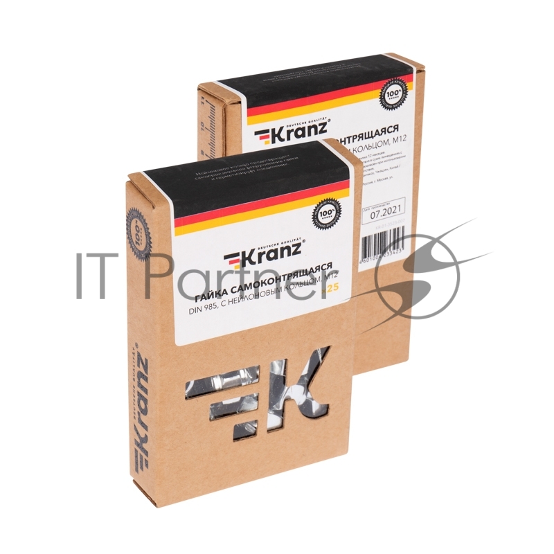 Гайка самоконтрящаяся KRANZ DIN 985, с нейлоновым кольцом, M12, короб (25 шт./уп.)