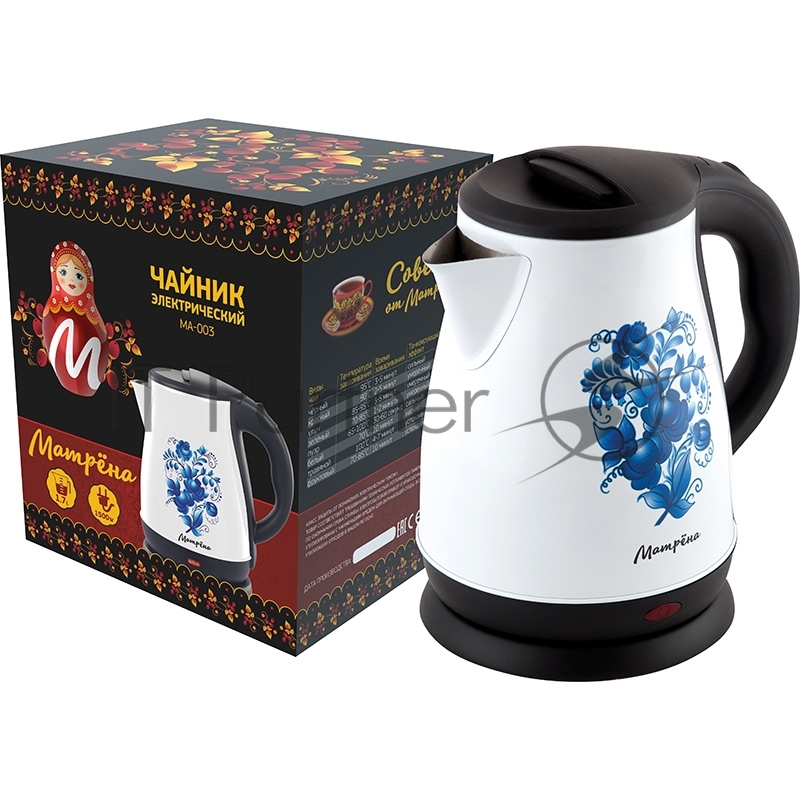 Чайник МАТРЁНА MA-003 электрический (1,7 л) стальной белый гжель