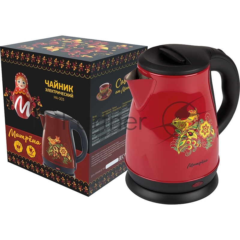 Чайник МАТРЁНА MA-003 электрический (1,7 л) стальной бордовый хохлома