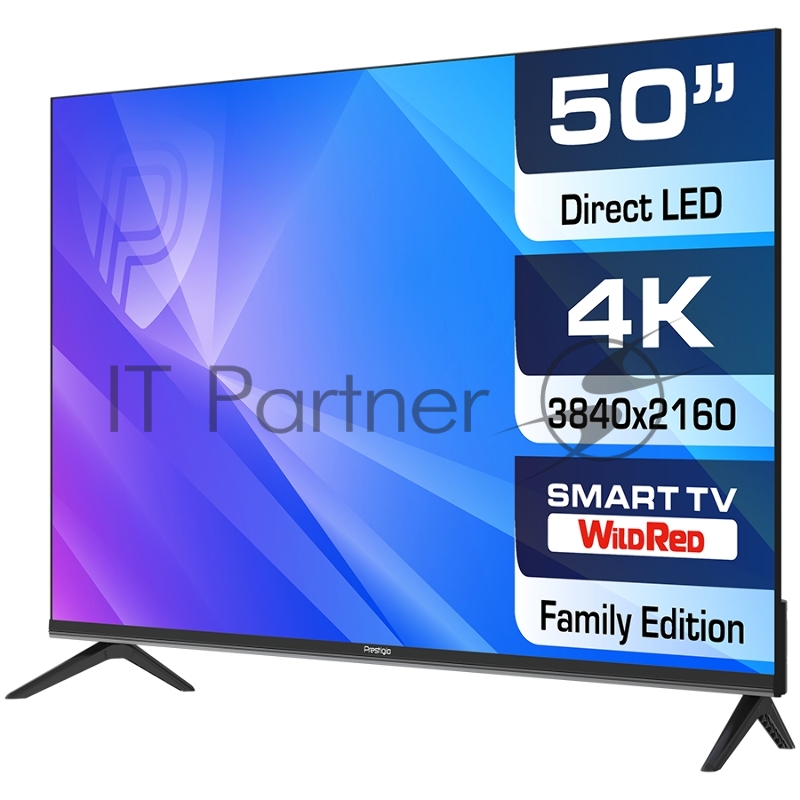 Телевизор Prestigio LED LCD TV 50(3840x2160) VA LED, 250cd/m2, USB, HDMI, RCA, CI slot, Optical, Media player,Android 9, Smart 1+8Gb, DVB-T2/T/C/S2, 100W, MT9632, 2x8W speaker, black