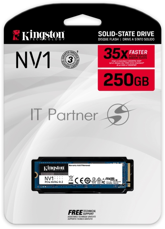 Накопитель SSD M.2 Kingston 250Gb NV1 Series <SNVS/250G> (PCI-E 3.0 x4, up to 2100/1100Mbs, NVMe, 60TBW, 22х80mm)