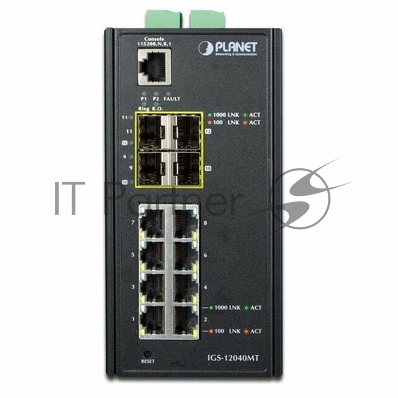 Индустриальный управляемый коммутатор Planet IGS-12040MT IP30 Industrial 8* 1000TP + 4* 100/1000F SFP Full Managed Ethernet Switch (-40 to 75 degree C, 2*DI, 2*DO, 12V-72VDC IN), ERPS Ring, 1588