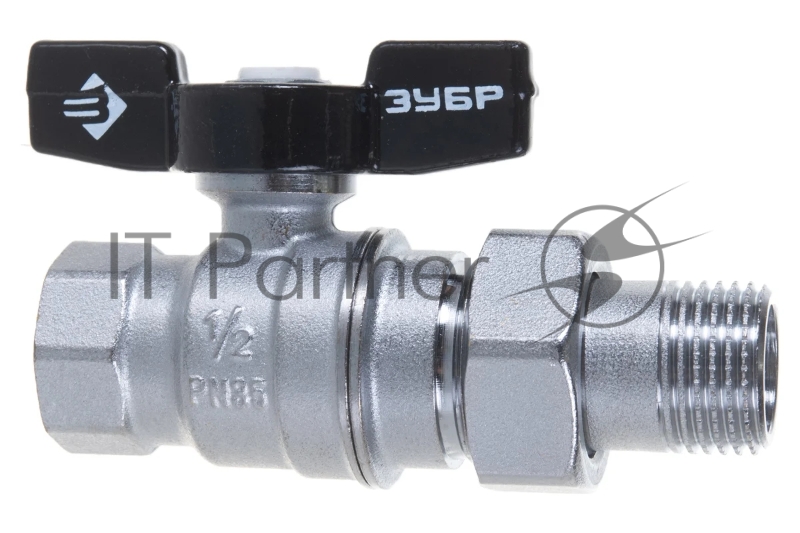 Кран шаровой Зубр полнопроходной с накидной гайкой мама-папа, бабочка, никелированная латунь, 1/2 4-51327-C-1/2
