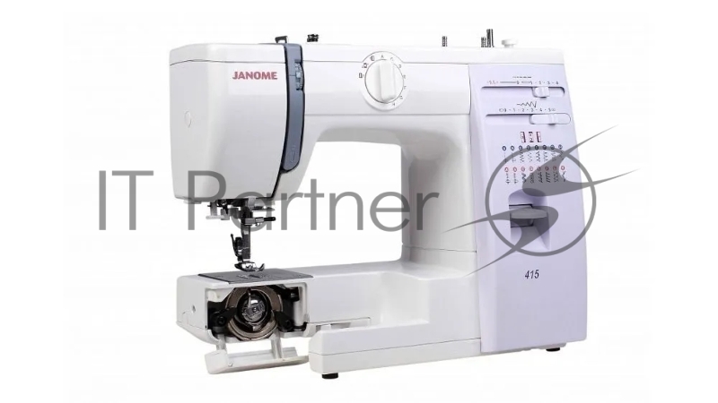 Швейная машина Janome 415 15 операций, вертикальный качающийся челнок, полуавтоматическое выполнение петли, автоматический нитевдеватель, регулировка длины стежка до 4 мм, ширины зигзага до 5 мм, регулятор натяжения верхней нити, рычаг обратного ход