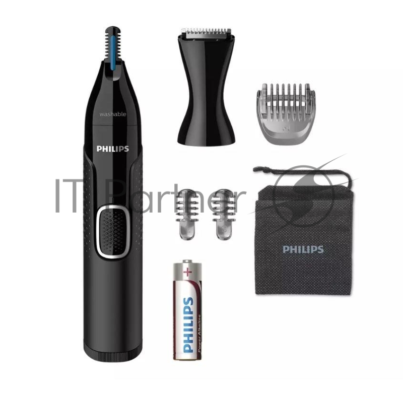 Триммер Philips Триммер для носа и ушей, черный, корпус - пластик, 3 насадки-гребня, насадка - триммер, щеточка для очистки, мягкий чехол, батарейка