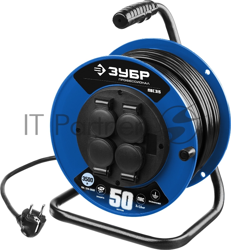 Удлинитель на катушке ЗУБР ПВС 315 55081-50 50 м, 3500 Вт, 4 гнезда, IP44, ПВС 3х1,5мм2