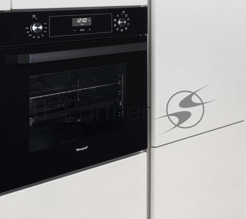 Встраиваемые электрические духовки 60 см Weissgauff 59.5х59.5x61 см, 64л, 9 режимов, утапливаемые переключатели, дисплей, электронное управление с сенсорными кнопками, гриль, конвекция, телескопы на 1-м уровне, черное стекло