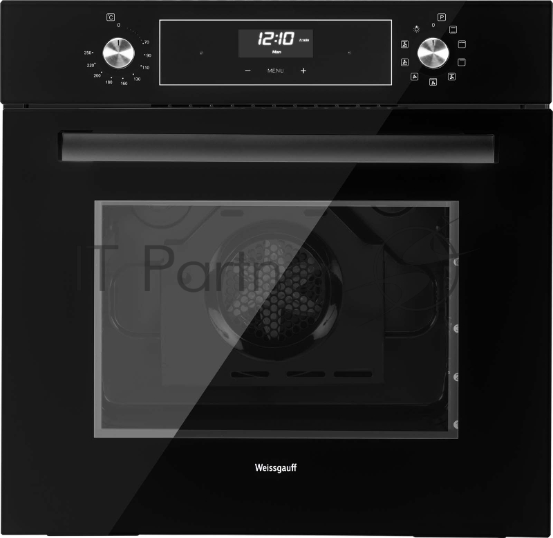 Встраиваемые электрические духовки 60 см Weissgauff 59.5х59.5x61 см, 64л, 9 режимов, утапливаемые переключатели, дисплей, электронное управление с сенсорными кнопками, гриль, конвекция, телескопы на 1-м уровне, черное стекло