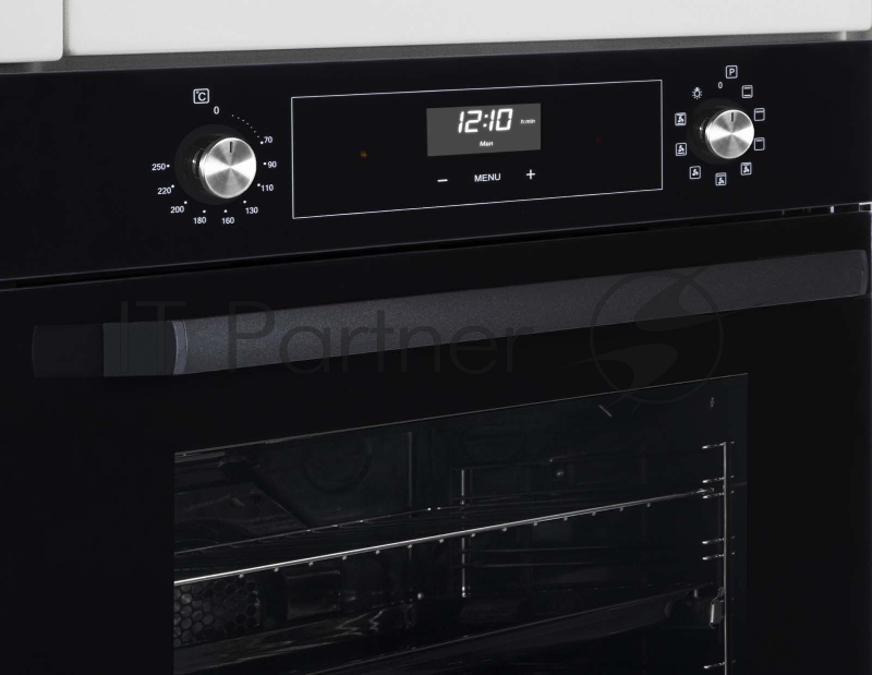 Встраиваемые электрические духовки 60 см Weissgauff 59.5х59.5x61 см, 64л, 9 режимов, утапливаемые переключатели, дисплей, электронное управление с сенсорными кнопками, гриль, конвекция, телескопы на 1-м уровне, черное стекло