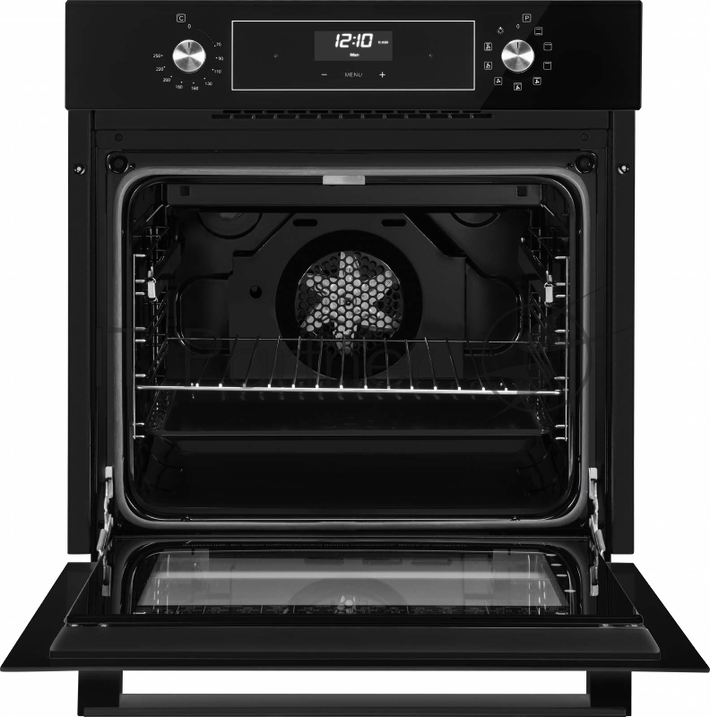 Встраиваемые электрические духовки 60 см Weissgauff 59.5х59.5x61 см, 64л, 9 режимов, утапливаемые переключатели, дисплей, электронное управление с сенсорными кнопками, гриль, конвекция, телескопы на 1-м уровне, черное стекло