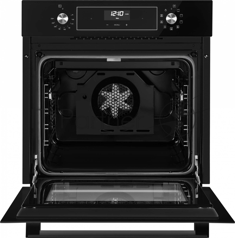 Встраиваемые электрические духовки 60 см Weissgauff 59.5х59.5x61 см, 64л, 9 режимов, утапливаемые переключатели, дисплей, электронное управление с сенсорными кнопками, гриль, конвекция, телескопы на 1-м уровне, черное стекло