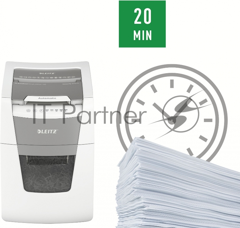 Шредер Leitz IQ Autofeed Small Office 100 P4 белый с автоподачей (секр.P-4)/фрагменты/100лист./