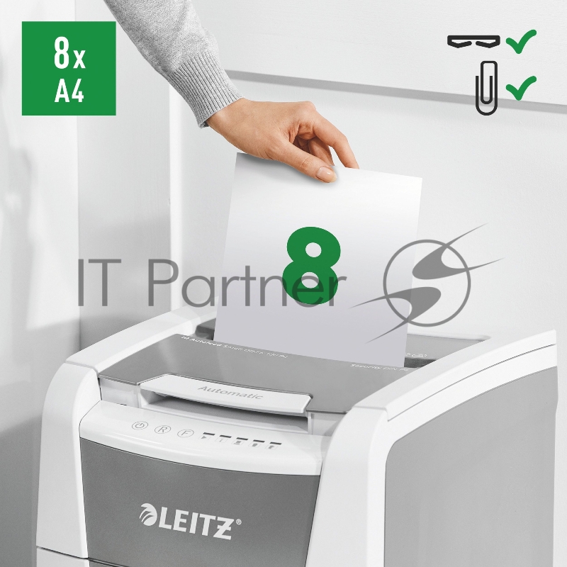 Шредер Leitz IQ Autofeed Small Office 100 P4 белый с автоподачей (секр.P-4)/фрагменты/100лист./