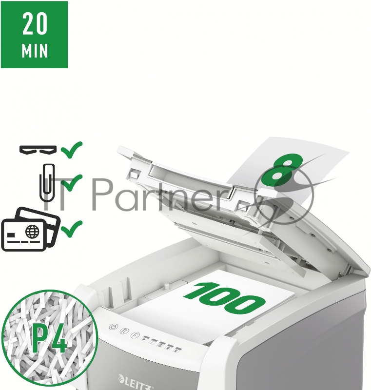 Шредер Leitz IQ Autofeed Small Office 100 P4 белый с автоподачей (секр.P-4)/фрагменты/100лист./