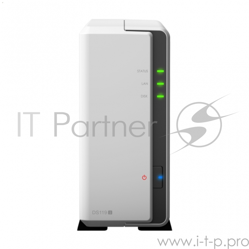 Дисковый массив Synology DS119j Сетевое хранилище DC 800Ghz CPU, 256Mb, up to 1HDDs, SATA (3,5''), 2xUSB, 1GigEth, iSCSI, 2xIPcam (upto 5), 1xPS, 2YW