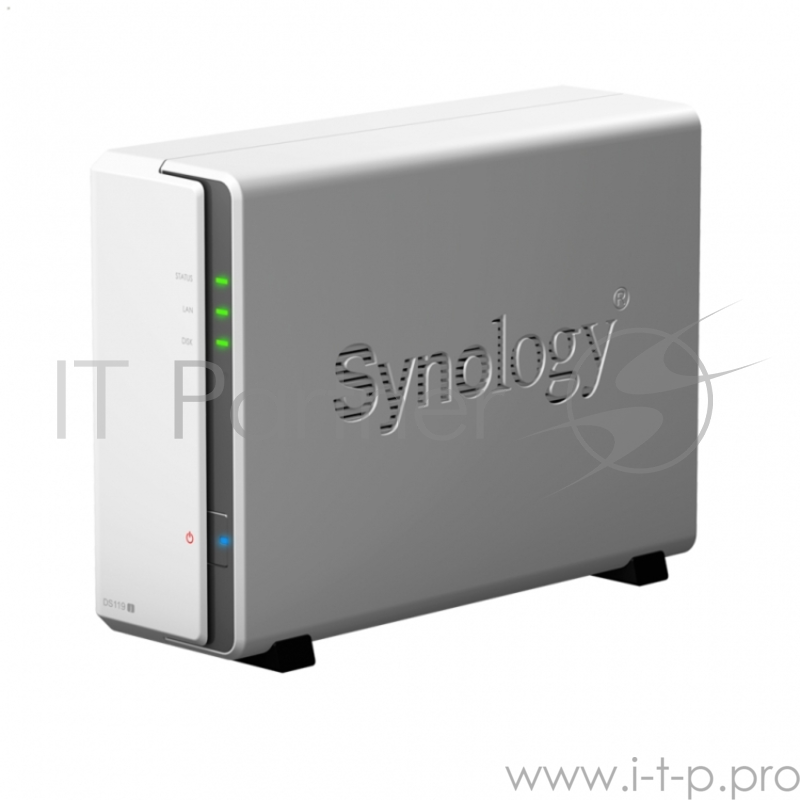 Дисковый массив Synology DS119j Сетевое хранилище DC 800Ghz CPU, 256Mb, up to 1HDDs, SATA (3,5''), 2xUSB, 1GigEth, iSCSI, 2xIPcam (upto 5), 1xPS, 2YW