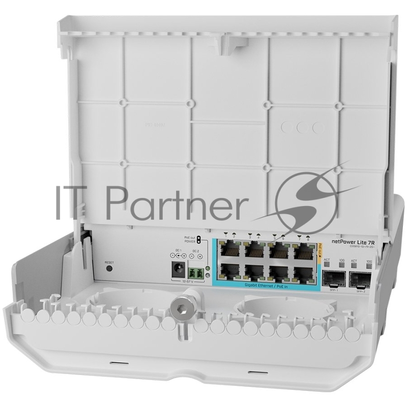 Коммутатор netPower Lite 7R with 8 x Gigabit Ethernet ports (7 with Reverse POE-in, 1 with PoE-OUT), 2 x SFP+ cages, SwitchOS, outdoor enclosure, mounting kit (power supply NOT included)