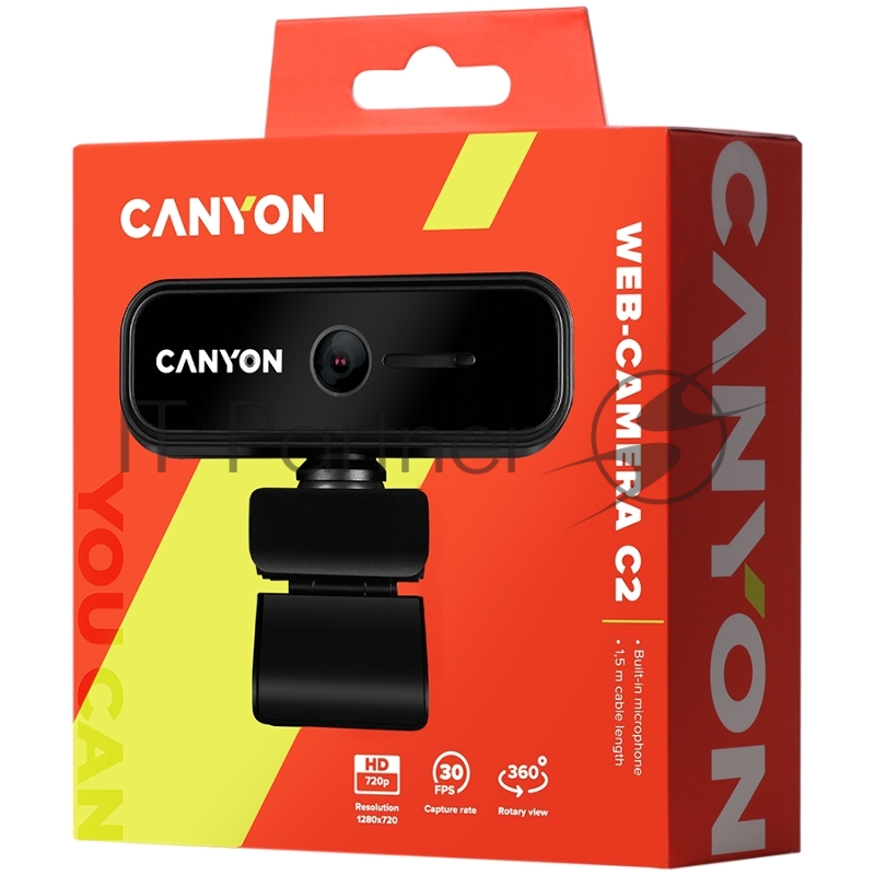 Веб камера CANYON C2 720P HD 1.0Mega fixed focus webcam with USB2.0. connector, 360° rotary view scope, 1.0Mega pixels, built in MIC, Resolution 1280*720(1920*1080 by interpolation), viewing angle 46°, cable length 1.5m, 90*60*55mm, 0.104kg, Black