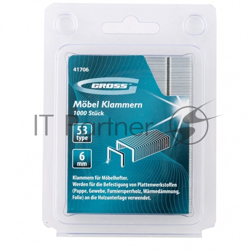 Скобы GROSS , 6 мм, для мебельного степлера, усиленные, тип 53, 1000 шт.// GROSS 41706