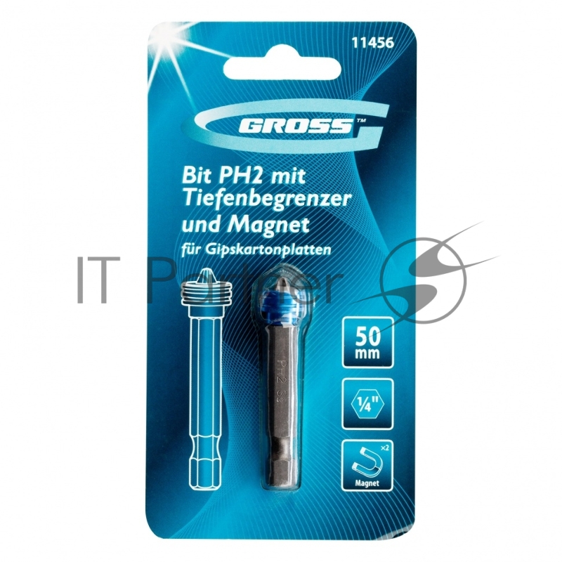 Бита GROSS PH 2x50 мм с ограничителем и магнитом, для ГКЛ, S2//Gross 11456