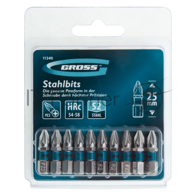 Набор бит GROSS РZ2x25, сталь S2, 10шт // 11340