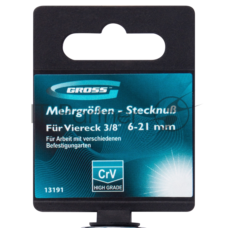Головка торцевая GROSS многоразмерная CrV 6-21мм под квадрат 3/8, CrV, хромир.// 13191