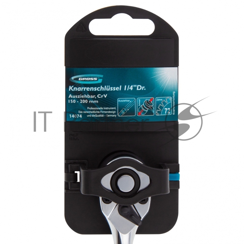 Ключ телескопический GROSS трещоточный 1/4, 150-200 мм, CrV, хромир., 2-х комп. рукоятка // 14074