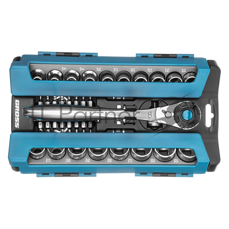 Набор торцевых GROSS головок, трещотка 120 зубьев, 36 предметов 14144