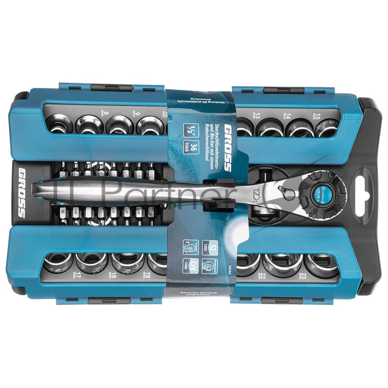 Набор торцевых GROSS головок, трещотка 120 зубьев, 36 предметов 14144