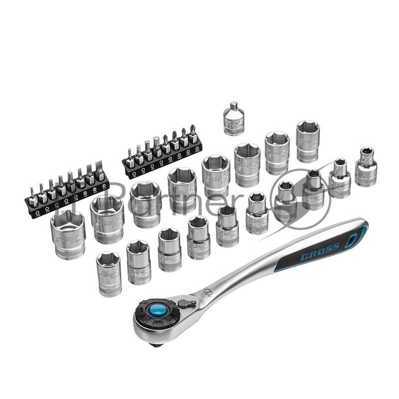 Набор торцевых GROSS головок, трещотка 120 зубьев, 36 предметов 14144